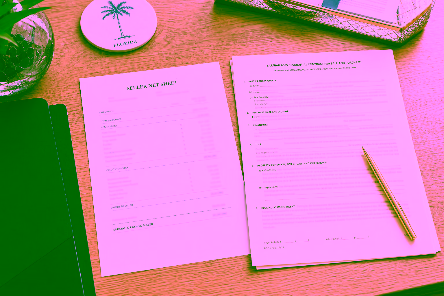 Seller net sheet and FAR/BAR contract pages on a desk