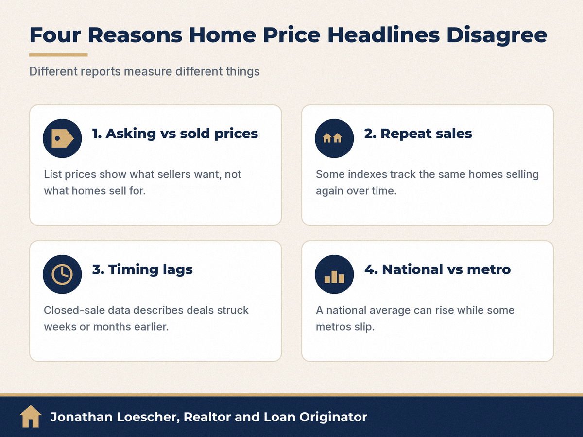 Four reasons home price headlines disagree: asking vs sold prices, repeat sales, timing lags, national vs metro