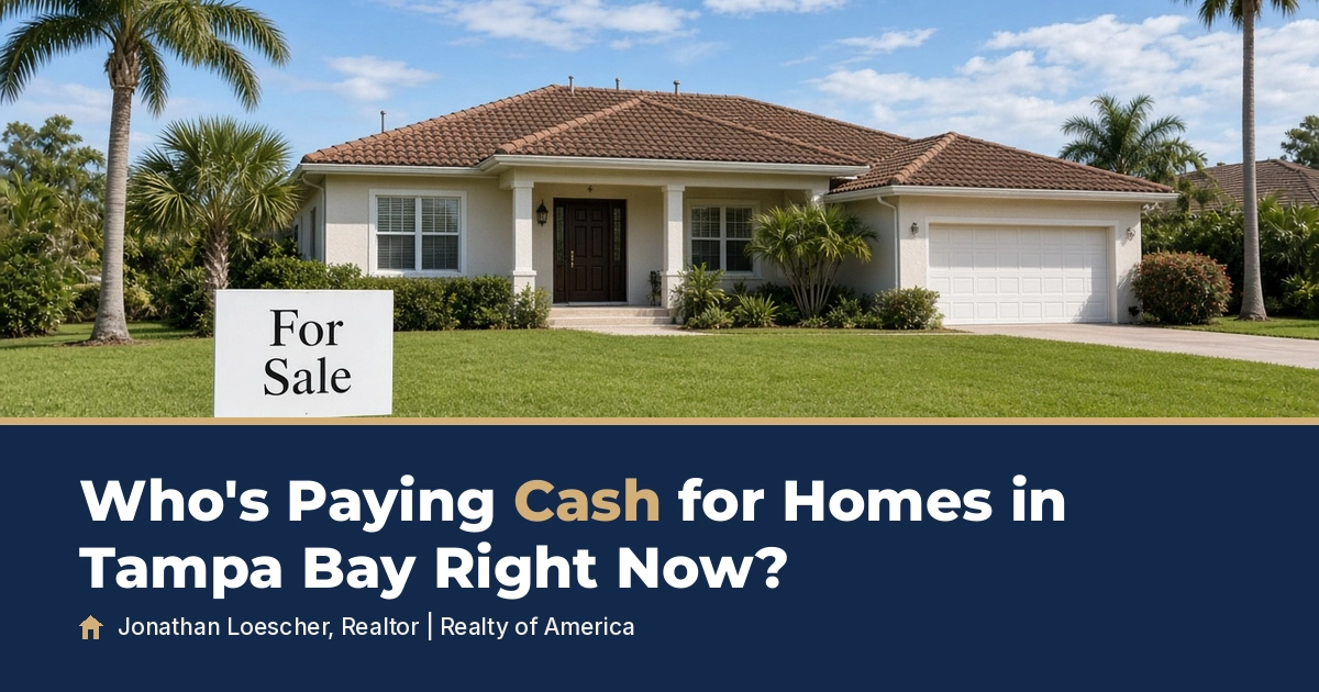 Single-story stucco home with a tile roof and palm trees in Tampa Bay, with a For Sale sign on the front lawn