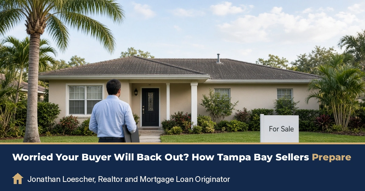 A Tampa Bay seller stands on the front walk of a single-story Florida home with palm trees and a For Sale sign in the yard