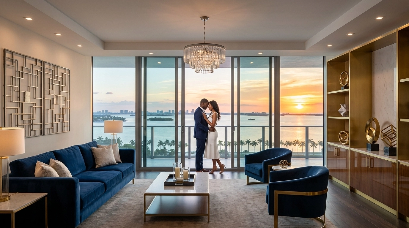 A couple enjoying a sunset view from their secure and financially sound Florida luxury penthouse condo.