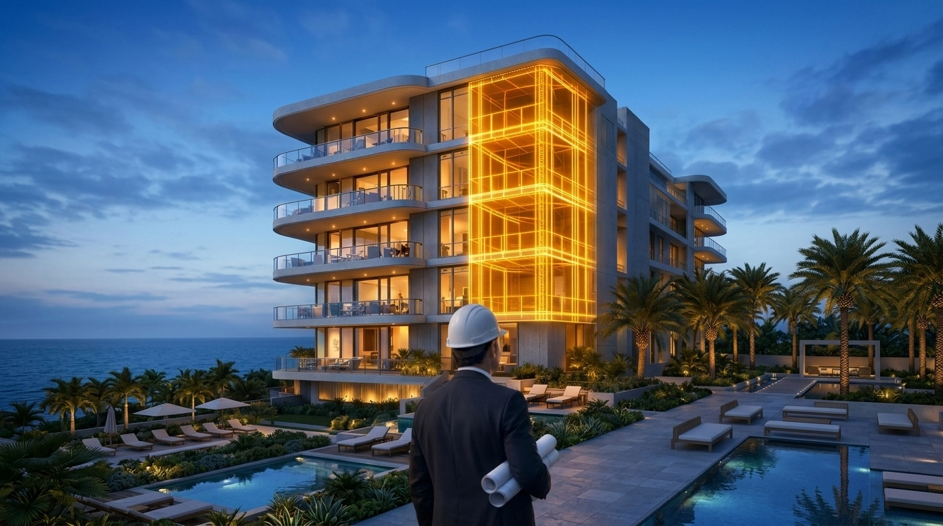 Architect inspecting a Florida condo building structure for mandatory 2026 milestone safety compliance.