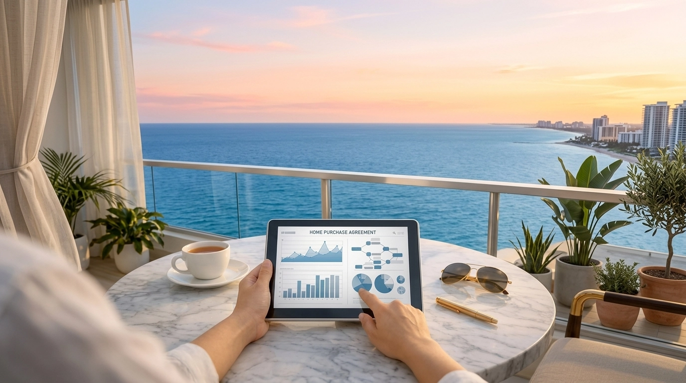 Homebuyer reviewing Florida condo association documents on a tablet to check for special assessments.