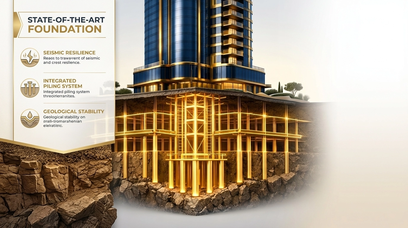 Illustration showing the structural integrity and foundation of a luxury condo to ensure investment safety.
