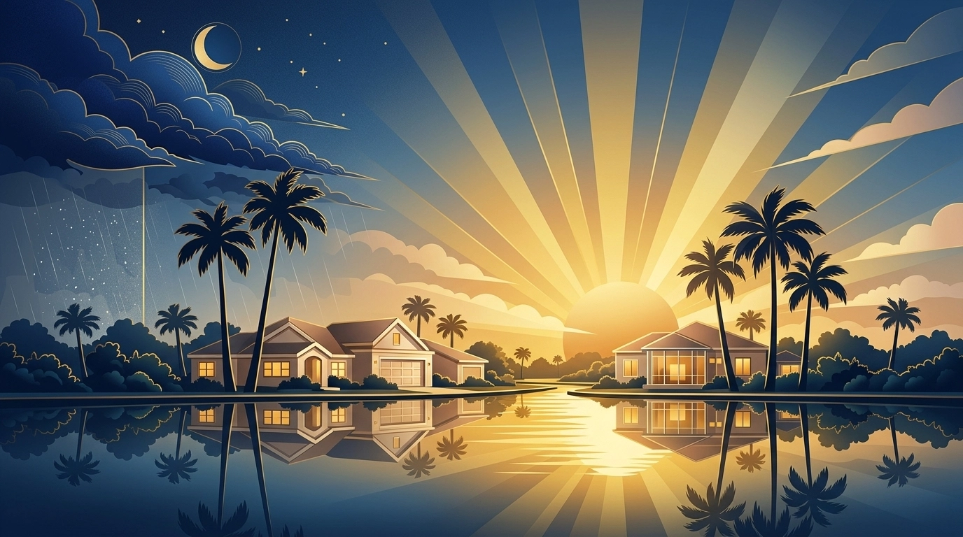 Peaceful Florida sunrise over a neighborhood representing 2026 insurance relief and market stabilization.