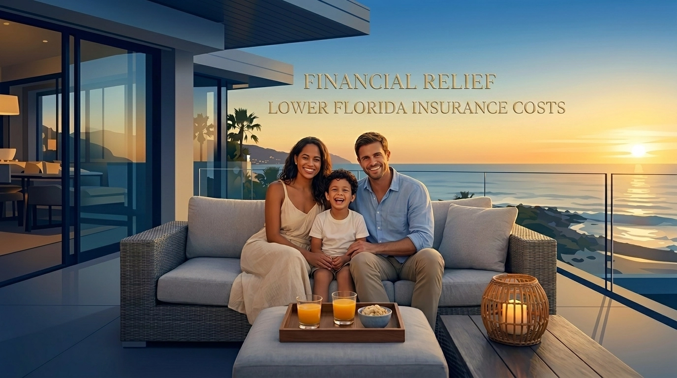A happy family relaxing on a coastal terrace, representing financial relief from lower Florida insurance costs.