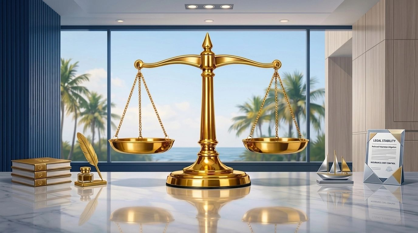 Golden scales of justice in a modern Florida home symbolizing reduced insurance litigation and legal stability.