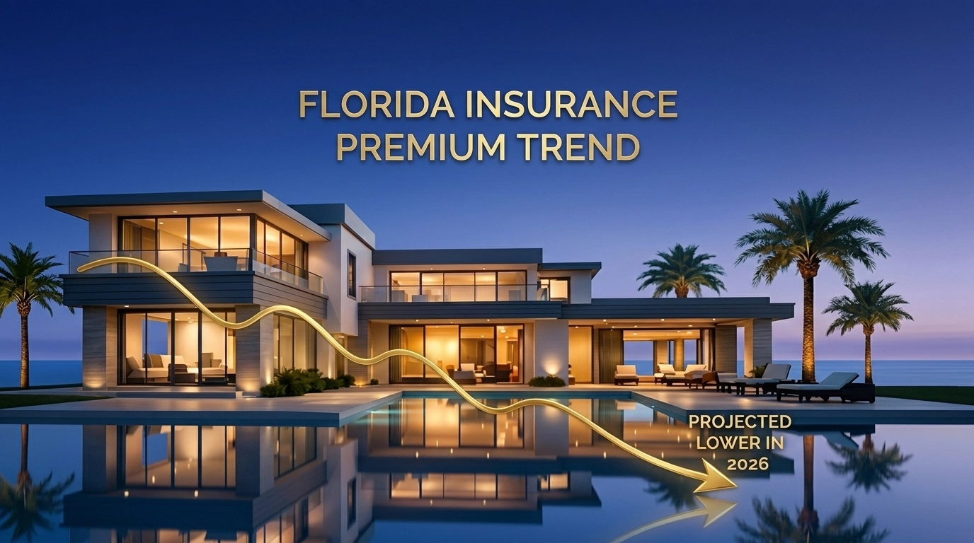Graphic of a luxury Florida home with a declining line graph representing lower insurance premiums in 2026.
