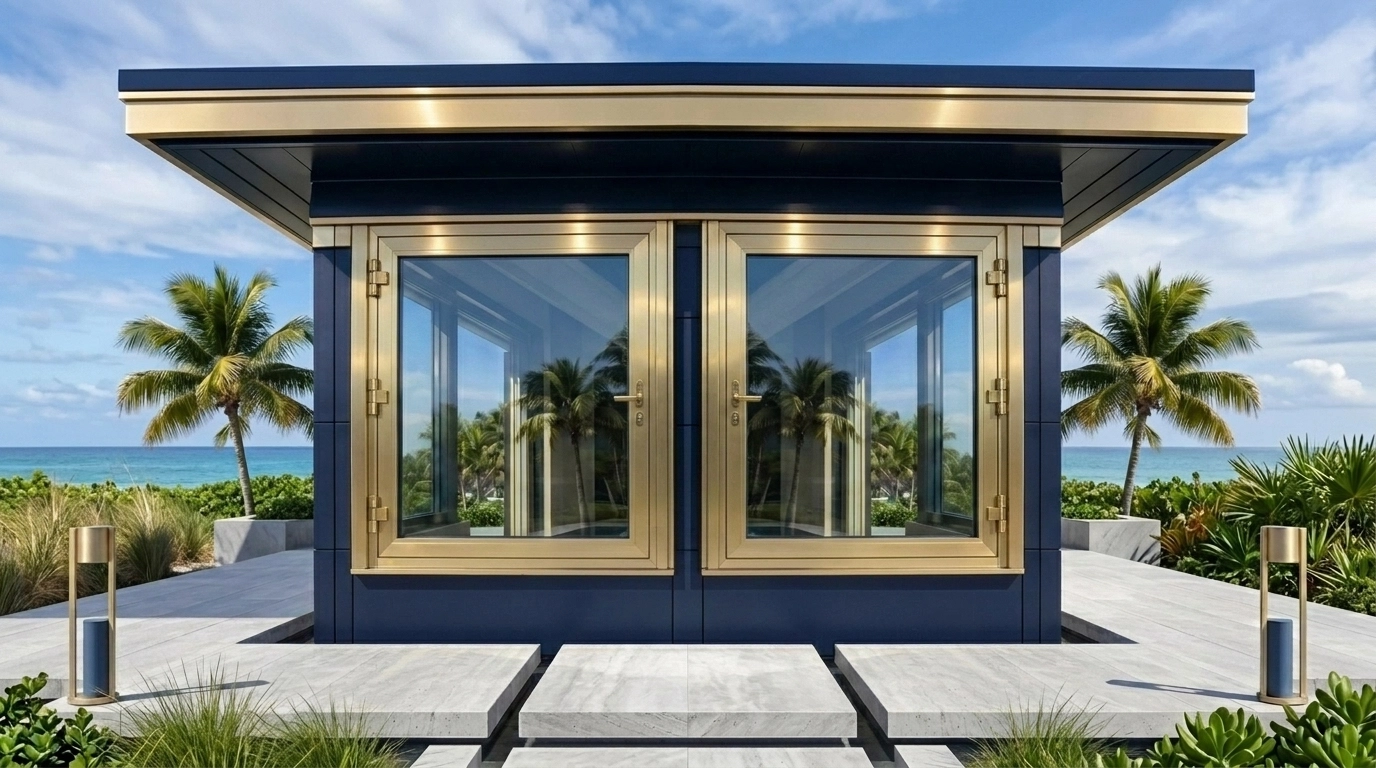 Modern Florida home with reinforced window frames and sturdy roofing for hurricane hardening.