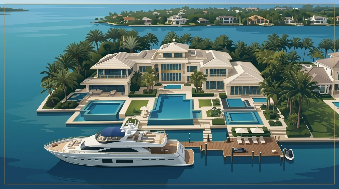 Aerial view of a Tierra Verde waterfront mansion with a private yacht dock and luxury infinity pool.