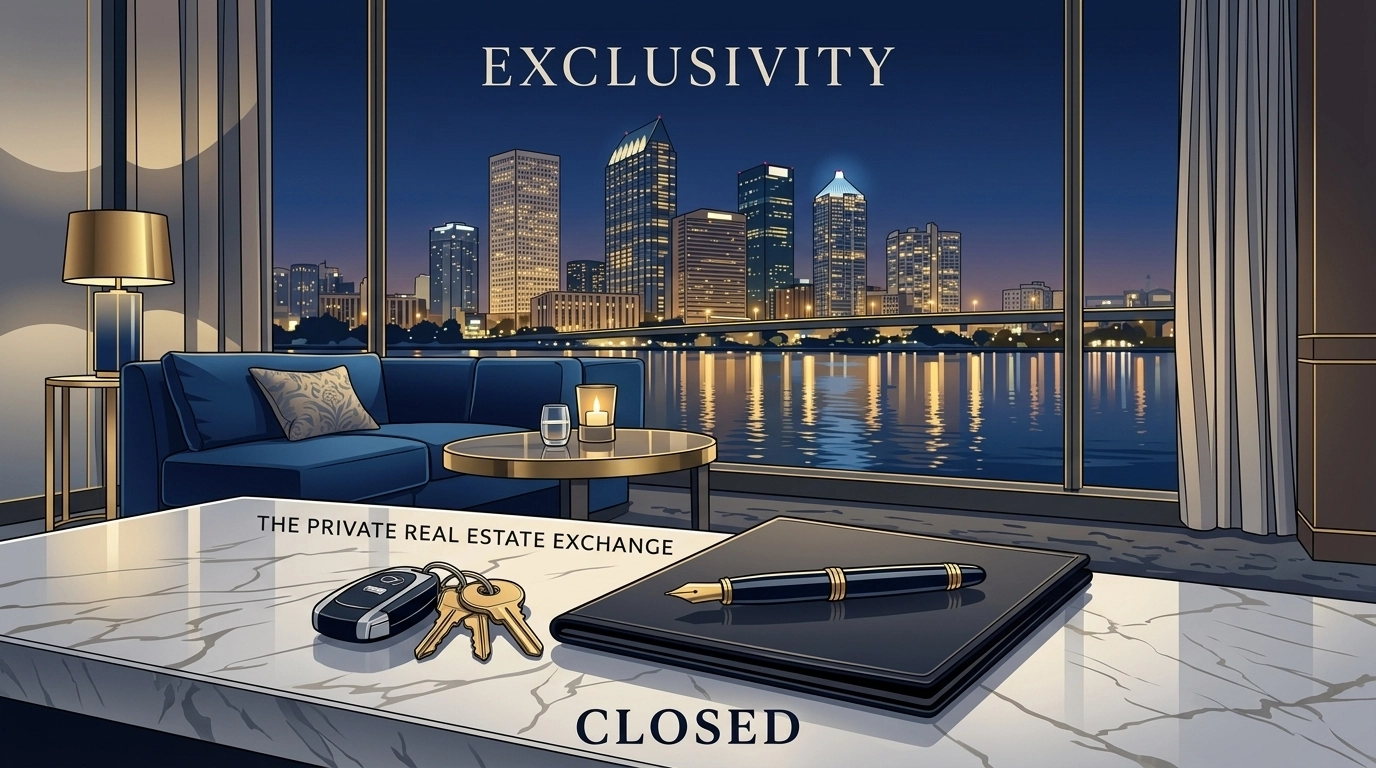 Luxury interior lounge overlooking the Tampa Bay skyline, symbolizing an exclusive off-market real estate closing.