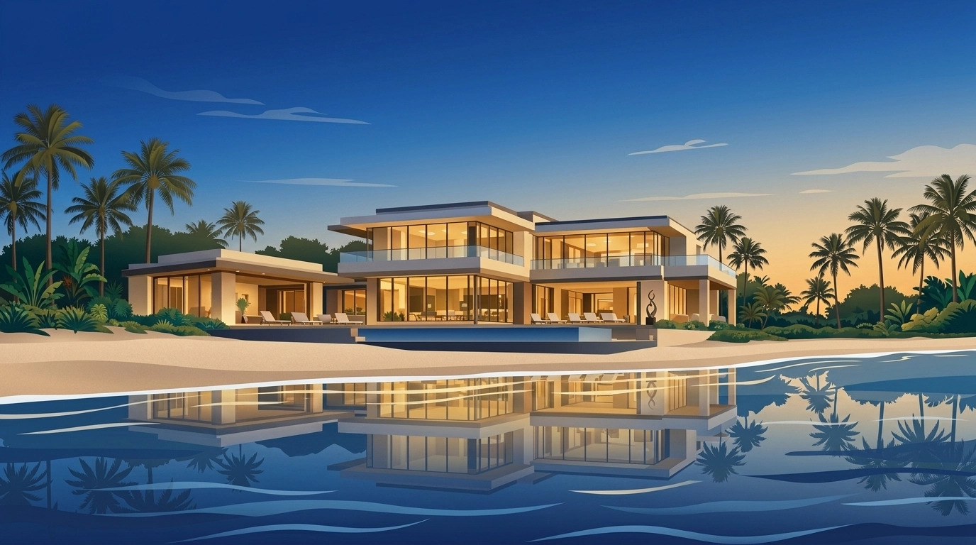 Modern Florida waterfront luxury estate at twilight, serving as a tangible inflation hedge for investors.