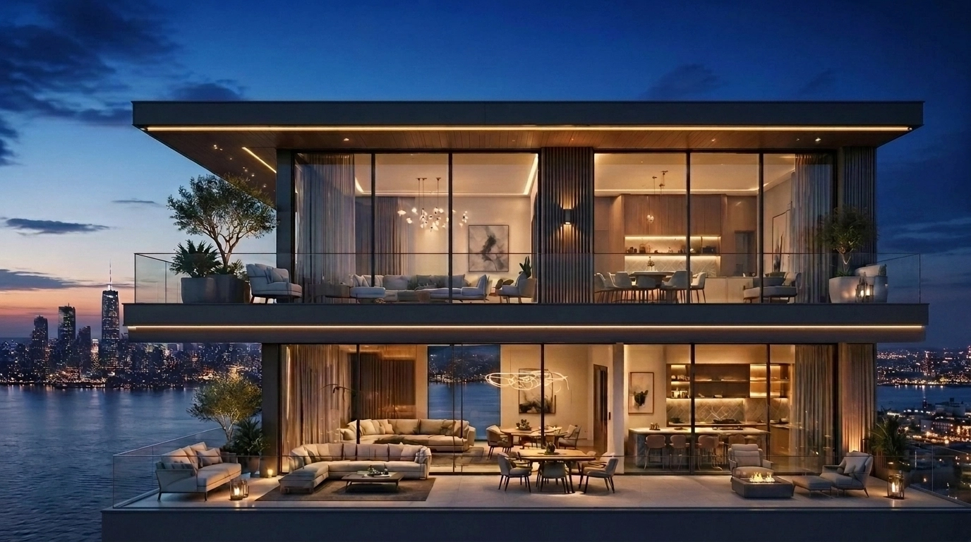 Contemporary luxury duplex with warm interior lighting representing stable real estate investment in 2026.