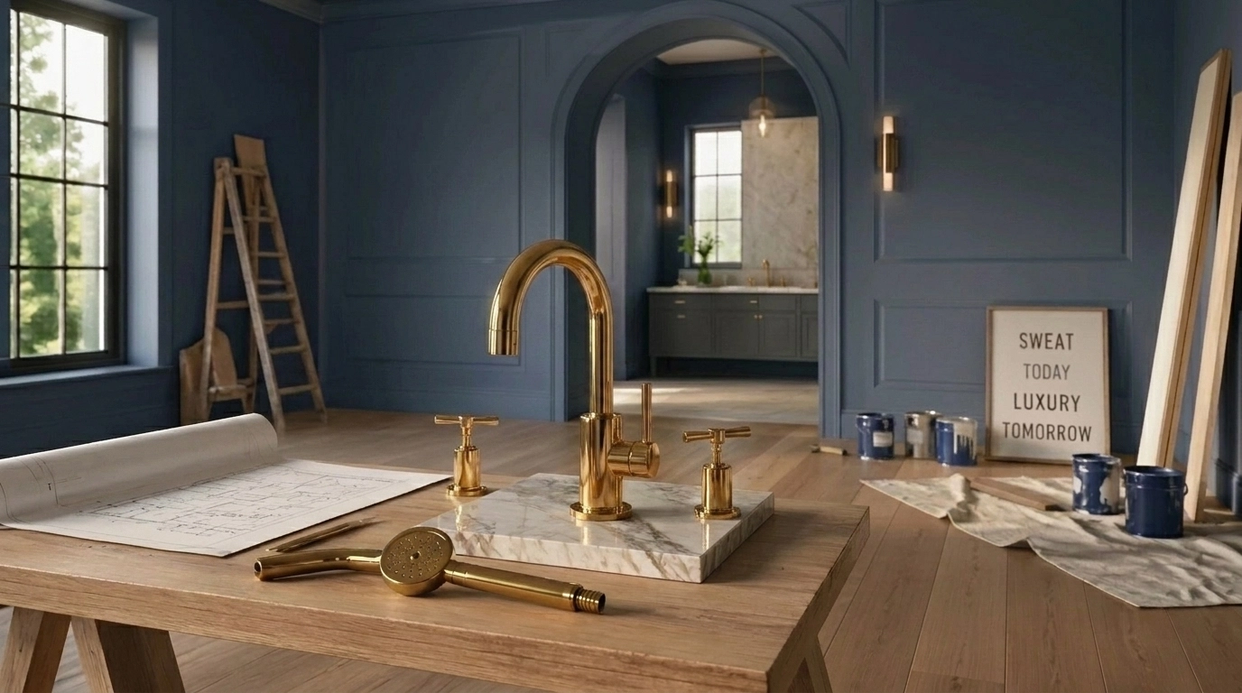 Luxury home renovation project featuring marble samples and gold fixtures for sweat equity buyers.