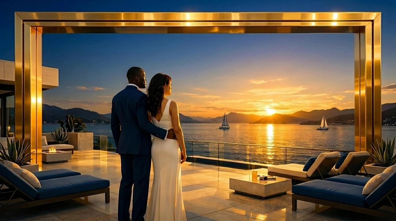 A couple on a luxury waterfront condo terrace representing market confidence and 2026 assessment relief compliance.