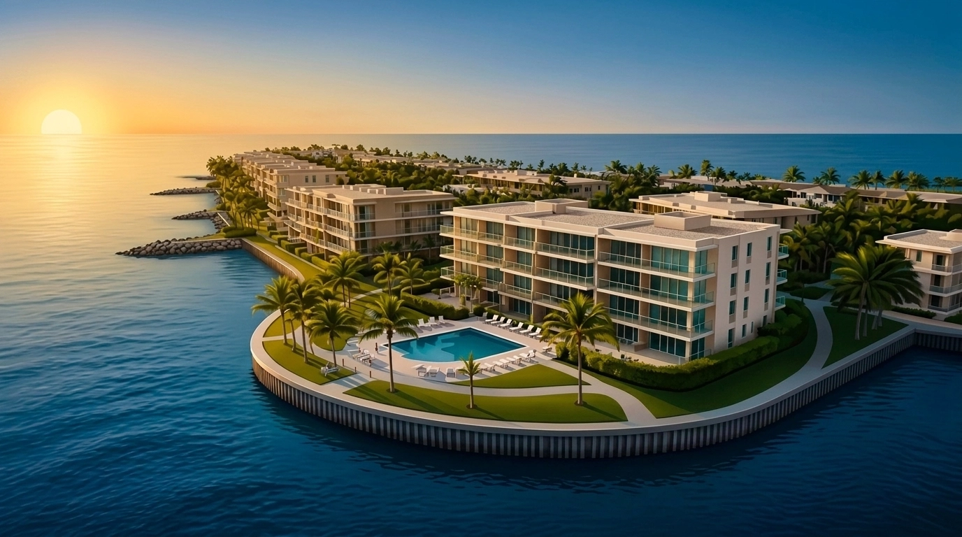 Aerial view of luxury waterfront condos in Tierra Verde showing coastal structural integrity.