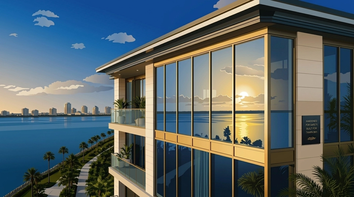 Modern Florida condo upgrades featuring impact-resistant windows and storm hardening safety features.