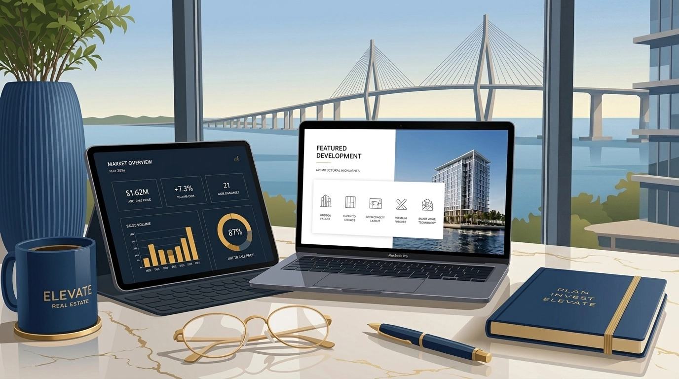Reviewing Florida condo financial documents on a tablet in a modern home office with a bay view.