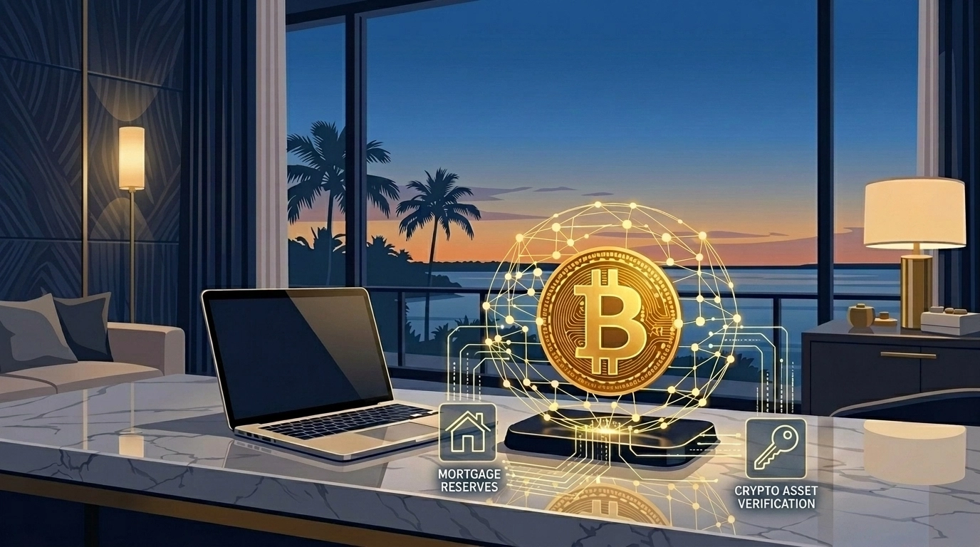 Florida home office with a digital Bitcoin symbol representing mortgage reserves and crypto asset verification.