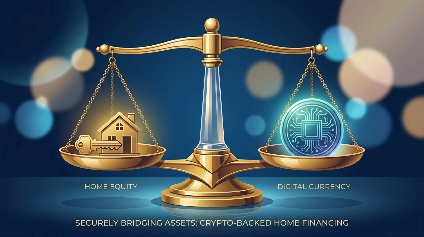 Golden scale balancing a house key and digital coin to illustrate crypto-backed home financing and equity.