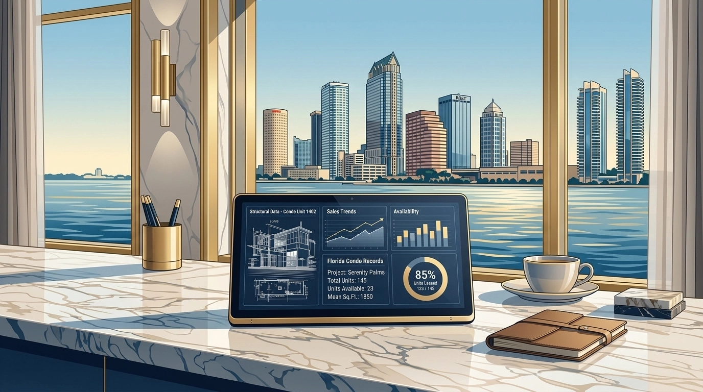 Digital tablet showing Florida condo records and structural data with St. Pete skyline.