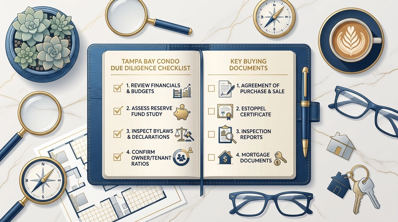 Due diligence checklist and real estate documents for buying a condo in Tampa Bay.