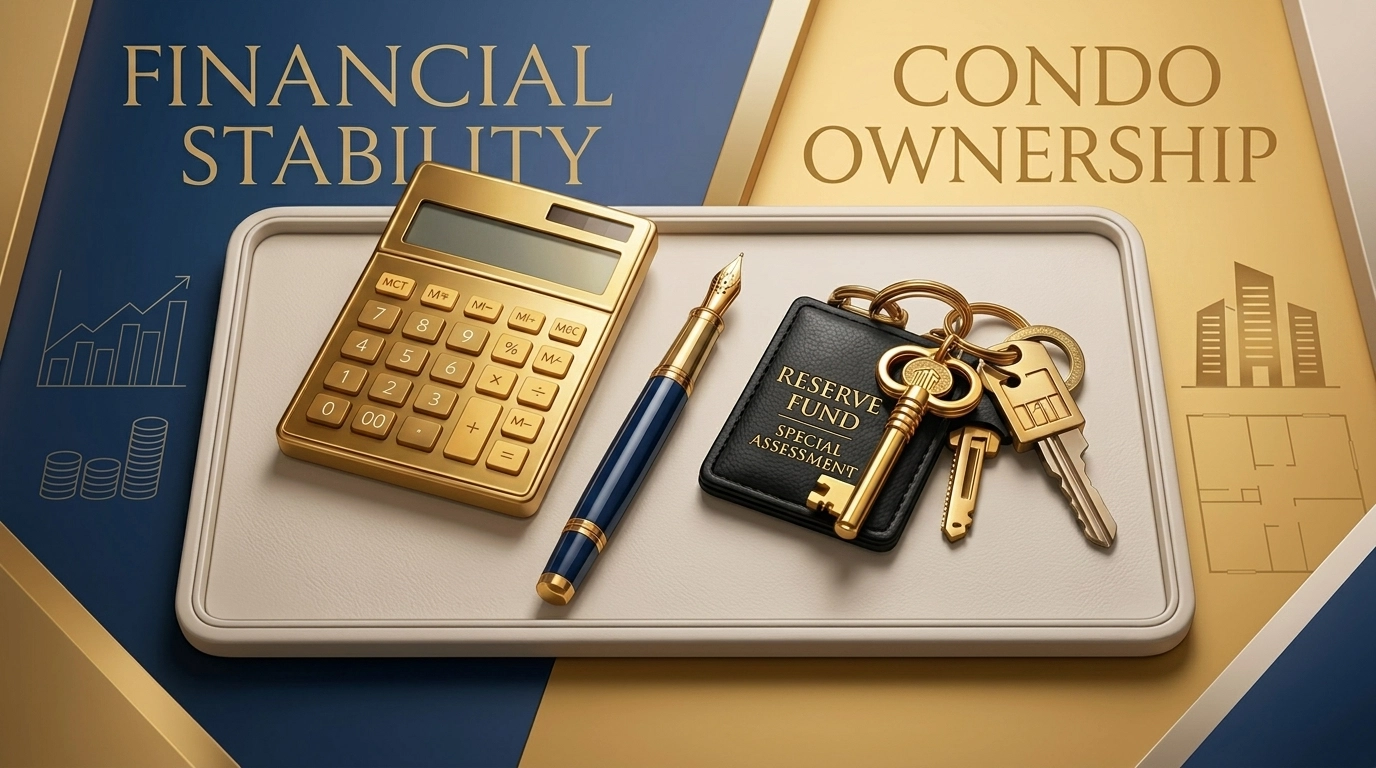 Financial review of condo special assessments featuring a gold calculator and house keys.