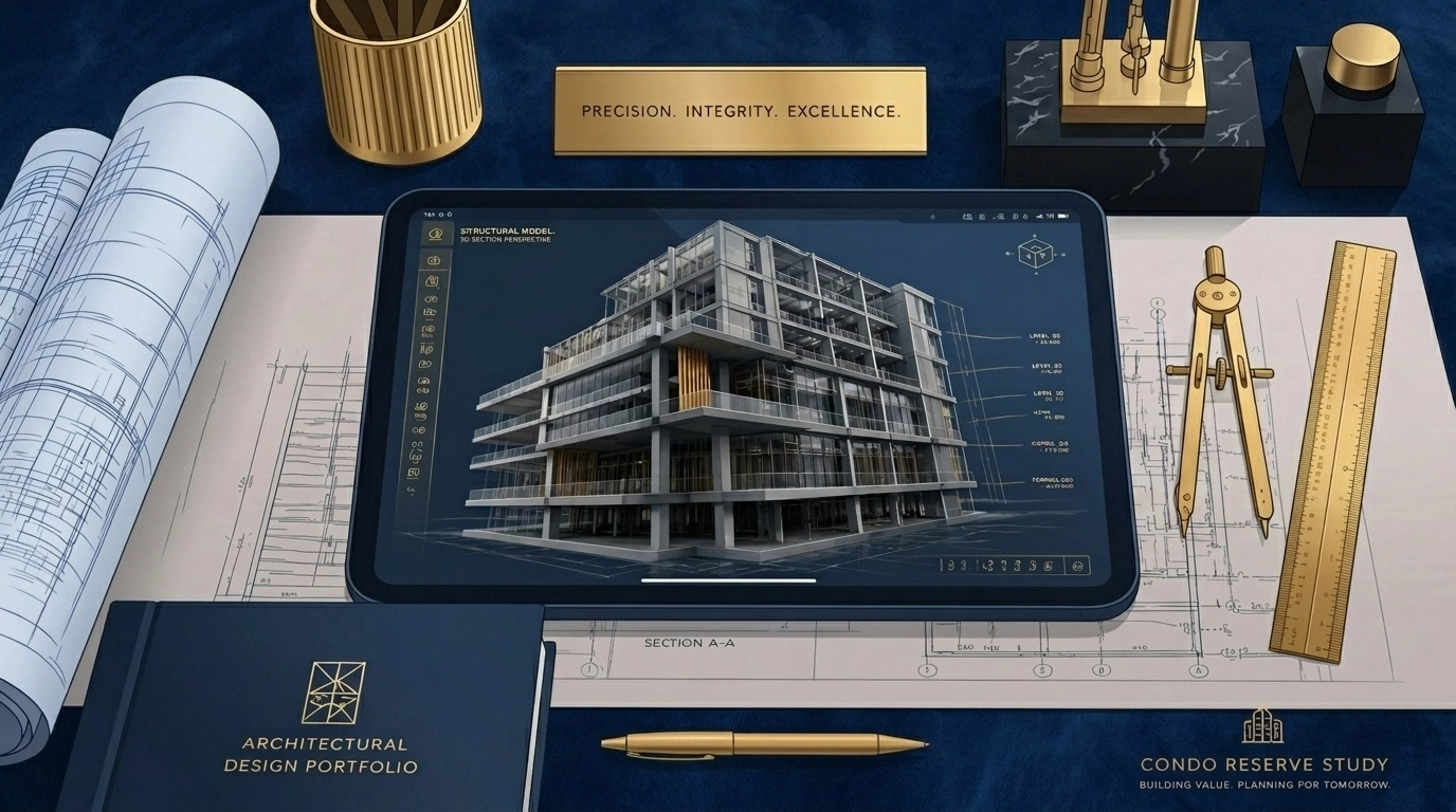 Architectural blueprints and structural models used for condo reserve studies and building integrity due diligence.