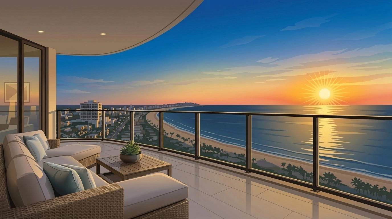 Luxury condo balcony in Pinellas County overlooking the Gulf of Mexico during sunset, showing premium Florida inventory.