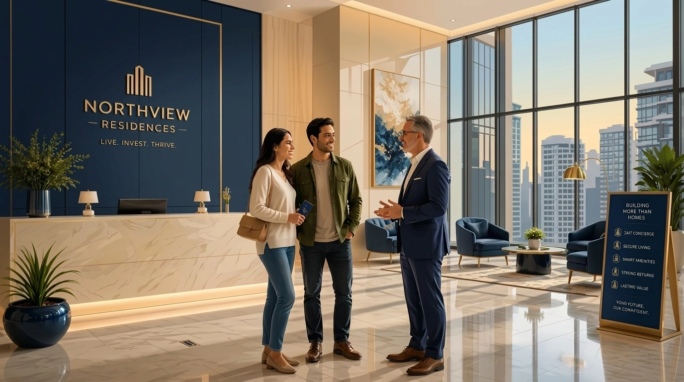 Residents chatting in a sunlit modern condo lobby, representing a stable and secure Florida real estate community.