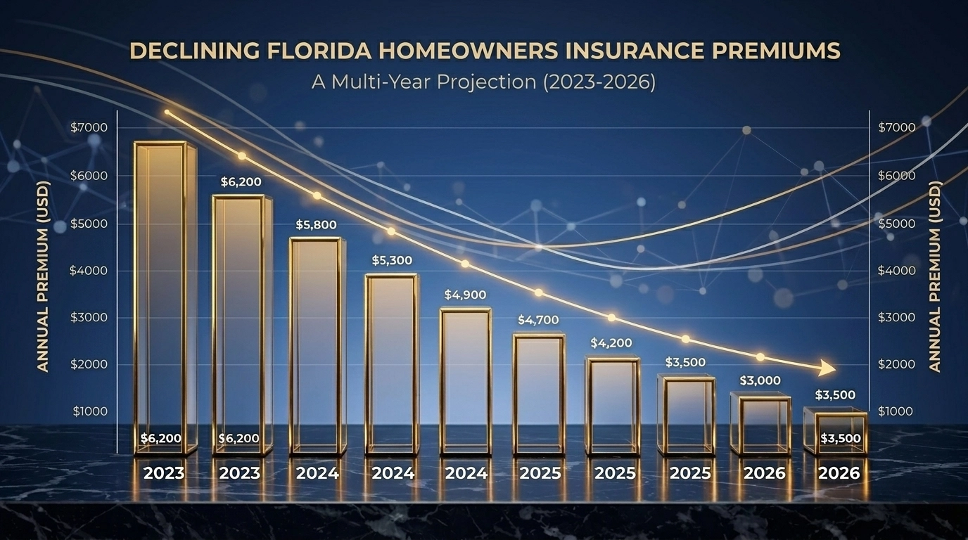 Chart showing declining average Florida homeowners insurance premium rates from 2023 to 2026.
