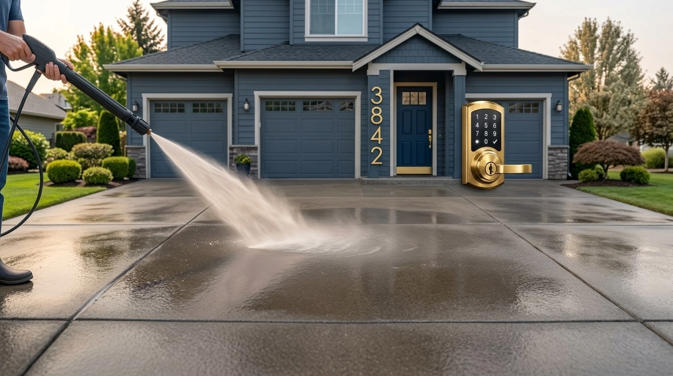 Clean driveway from pressure washing and modern gold house numbers for a spring curb appeal blitz.