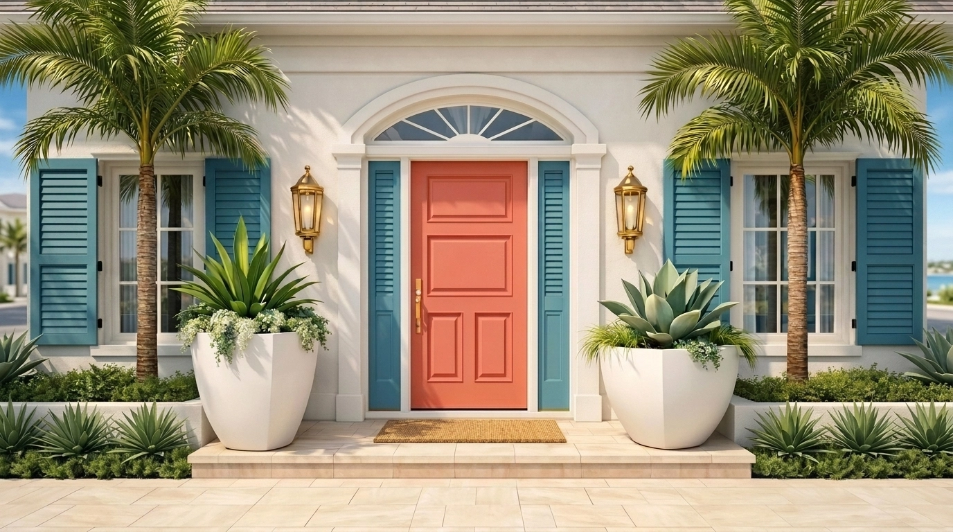 Coastal home exterior with a stylish coral door and teal shutters reflecting 2026 design trends.