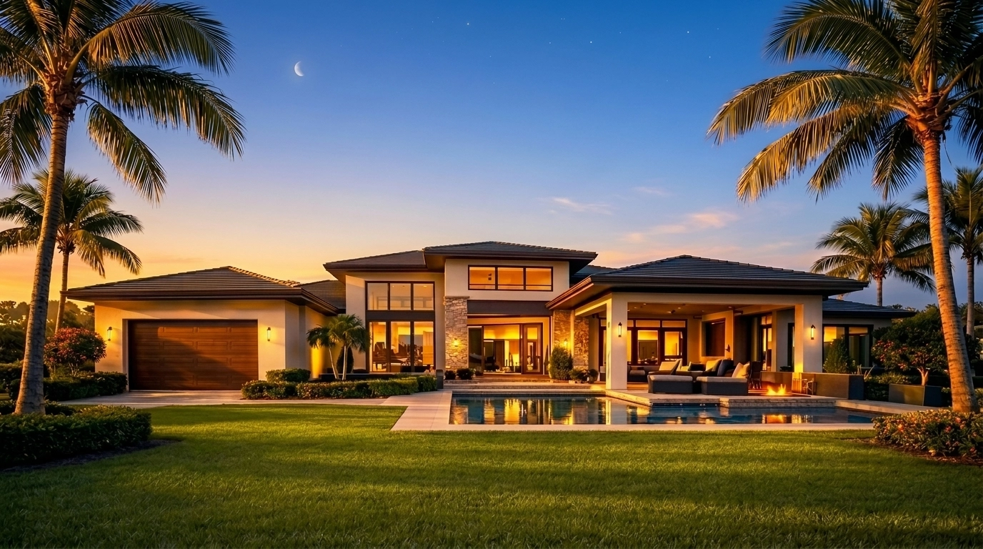 Luxurious Florida home at sunset showcasing professional curb appeal and a well-maintained lawn.
