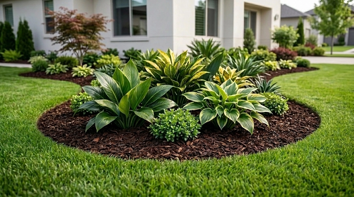 Fresh dark mulch and clean garden borders create an instant curb appeal facelift.