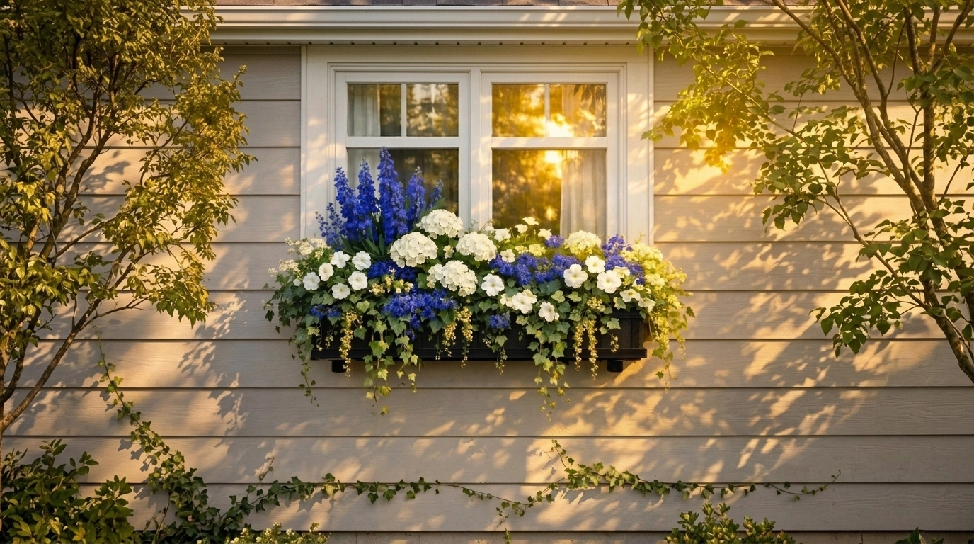 Lush window box with vibrant flowers and trailing ivy for instant exterior charm and color.