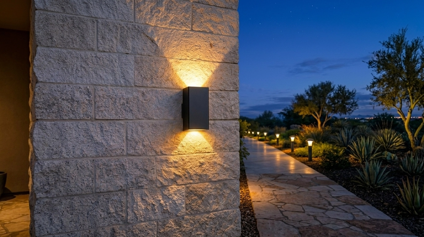 Modern exterior wall sconce providing warm golden lighting to enhance evening curb appeal.