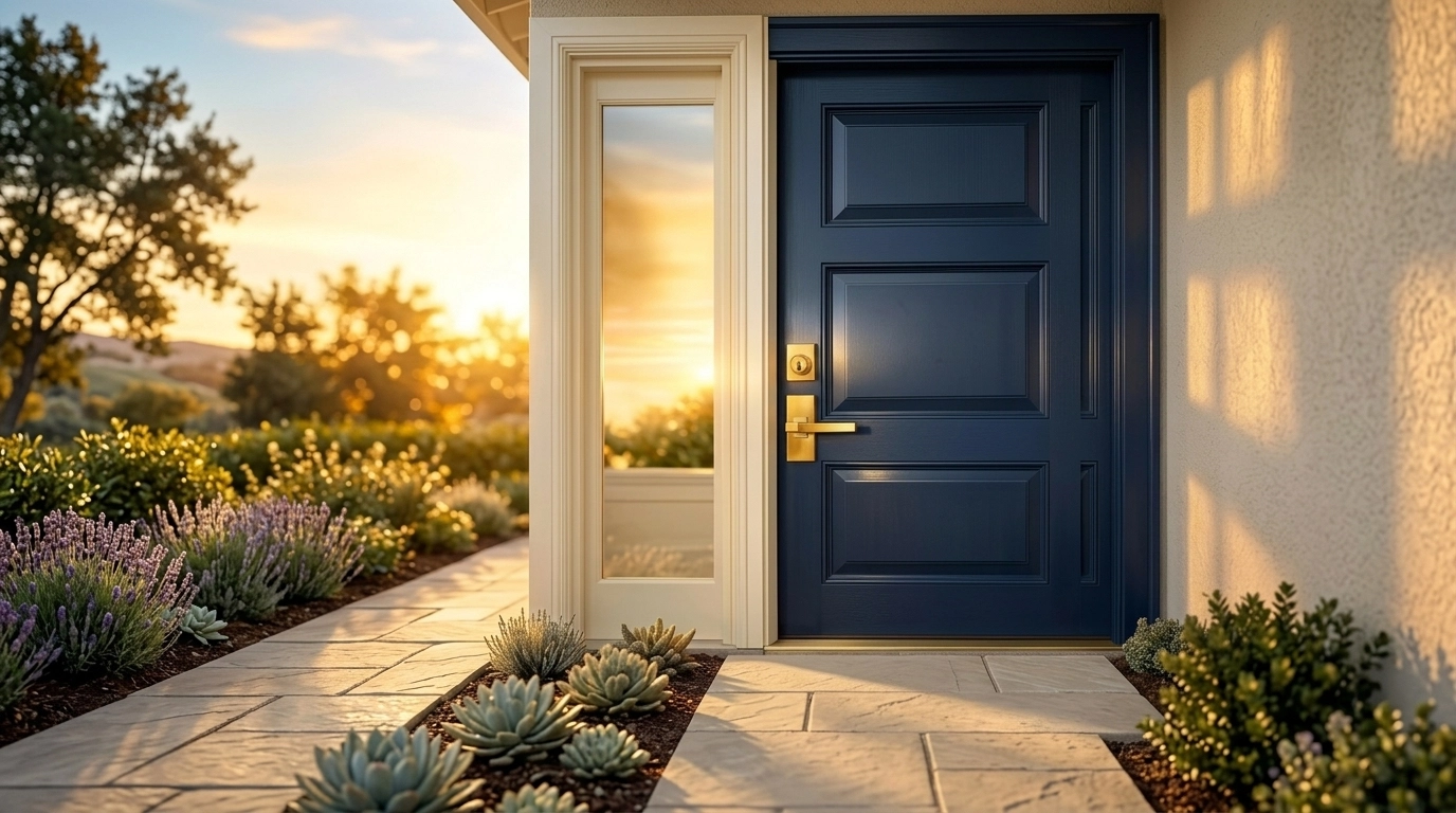 Modern navy blue front door with polished gold hardware for an upgraded home entrance.