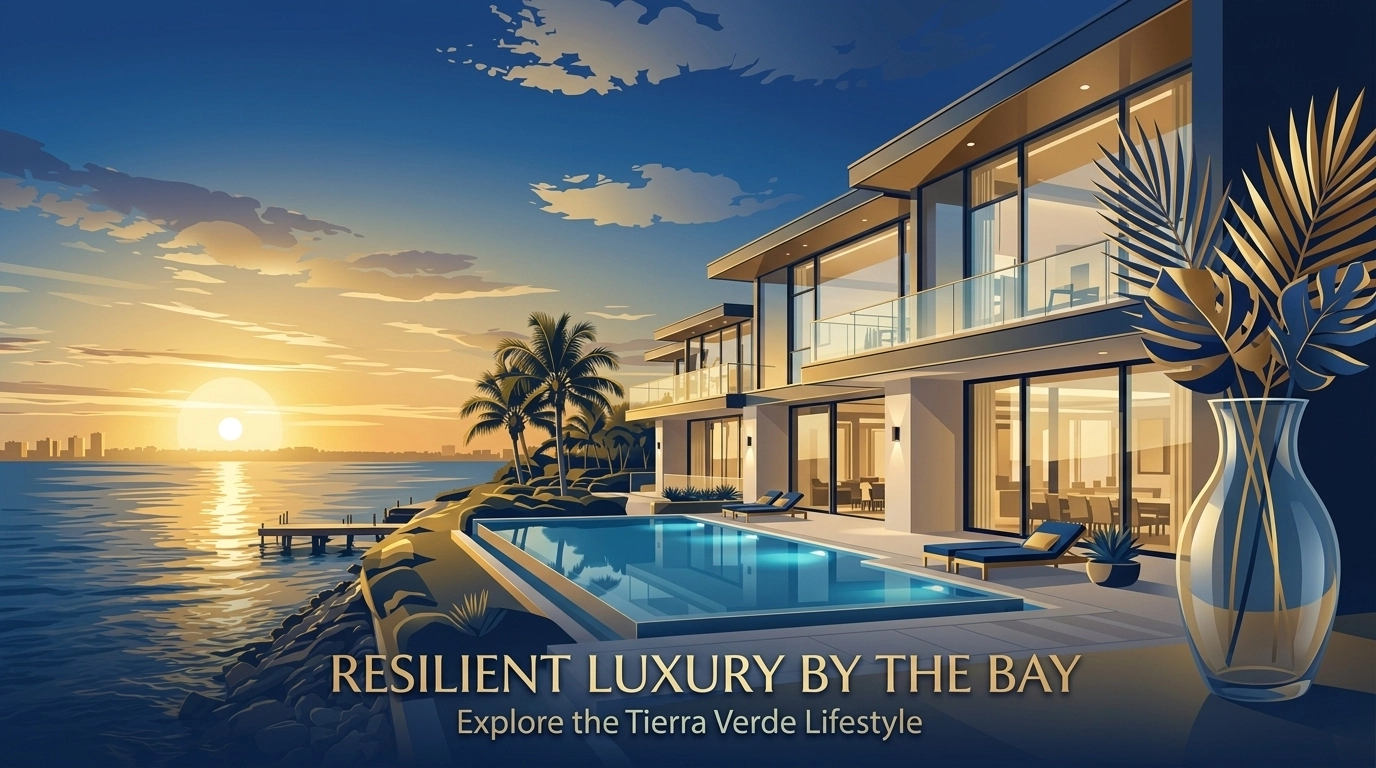 A resilient luxury mansion in Tierra Verde with impact-glass walls overlooking the ocean at sunset.