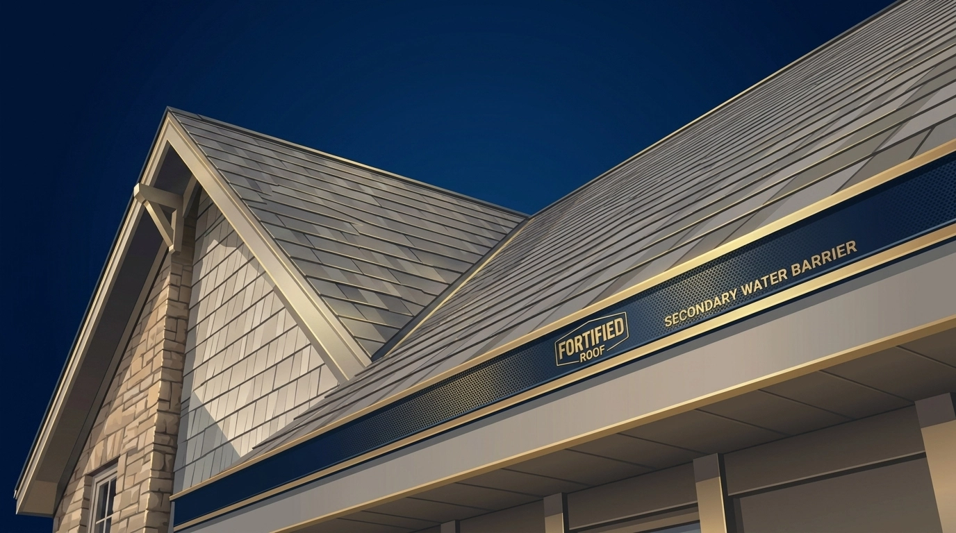 Close-up of fortified roof shingles and a secondary water barrier for high storm-grade protection.