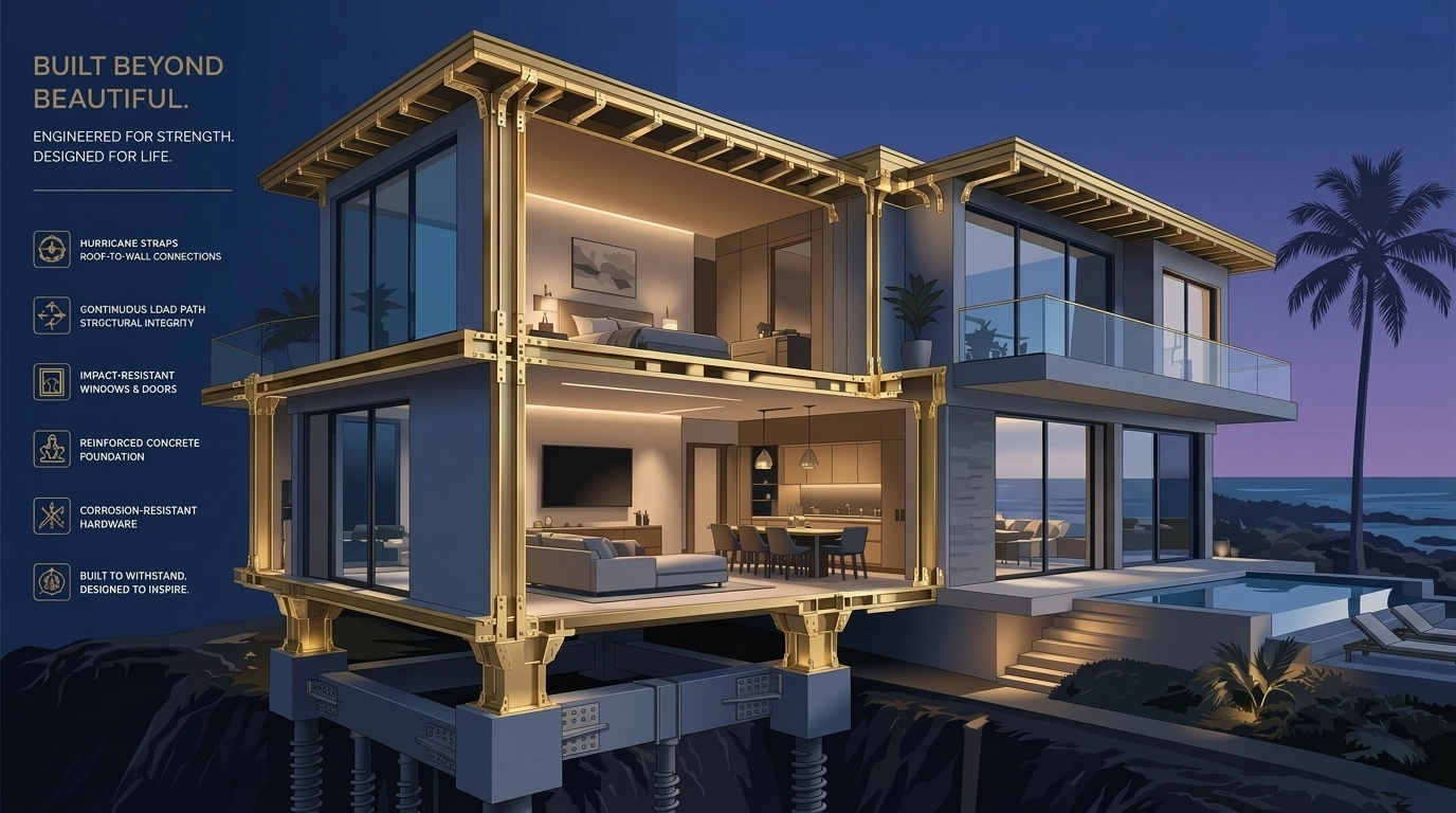 Cutaway of a resilient coastal home showing hurricane straps and reinforced structural connections.