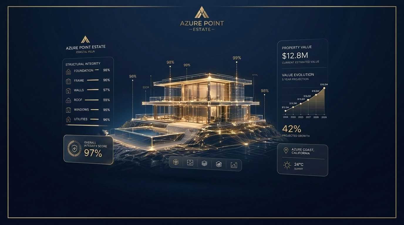 Digital wireframe of a coastal villa highlighting structural integrity and modern real estate value.