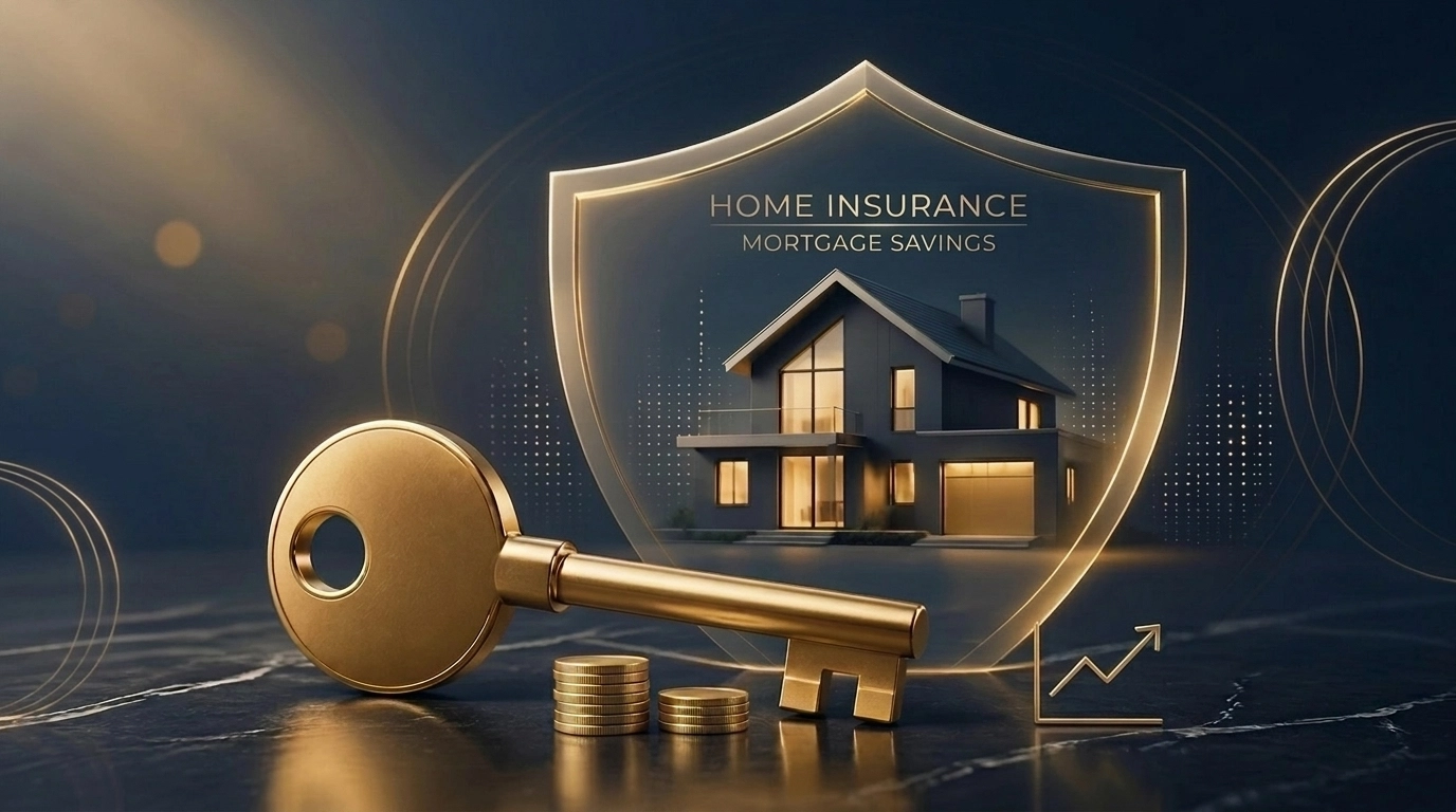 Golden key and house silhouette under a protective shield representing home insurance and mortgage savings.
