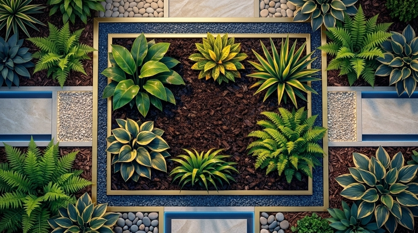 Fresh dark mulch in a tropical garden bed providing an instant landscaping boost for curb appeal.