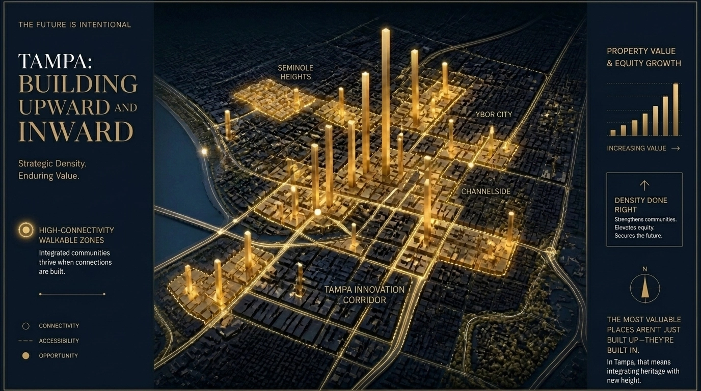 Abstract map of Tampa highlighting high-connectivity walkable zones and urban real estate value.
