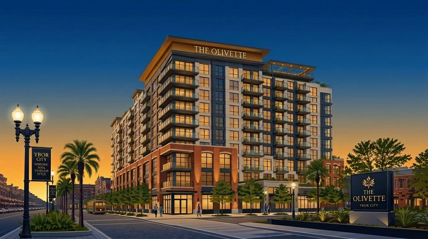 Modern Olivette luxury apartments in Tampa's Gasworx district showcasing walkable urban living.