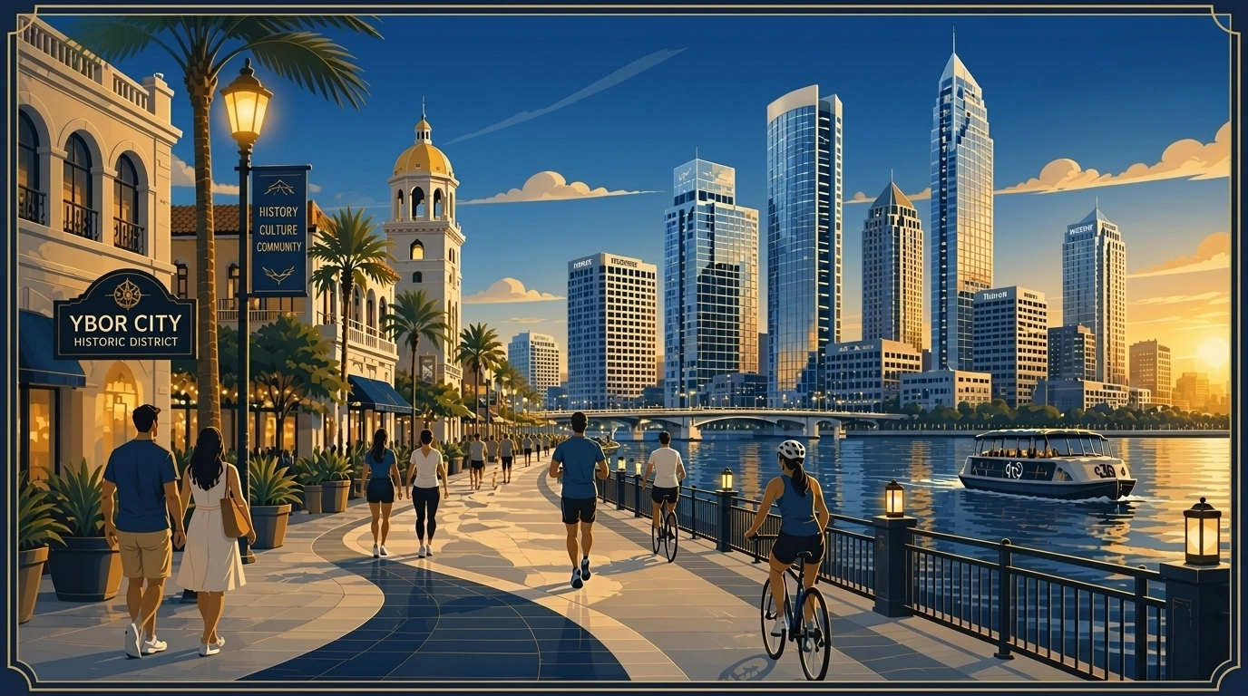 Vibrant pedestrian pathway connecting historic Ybor City to the modern Downtown Tampa skyline.