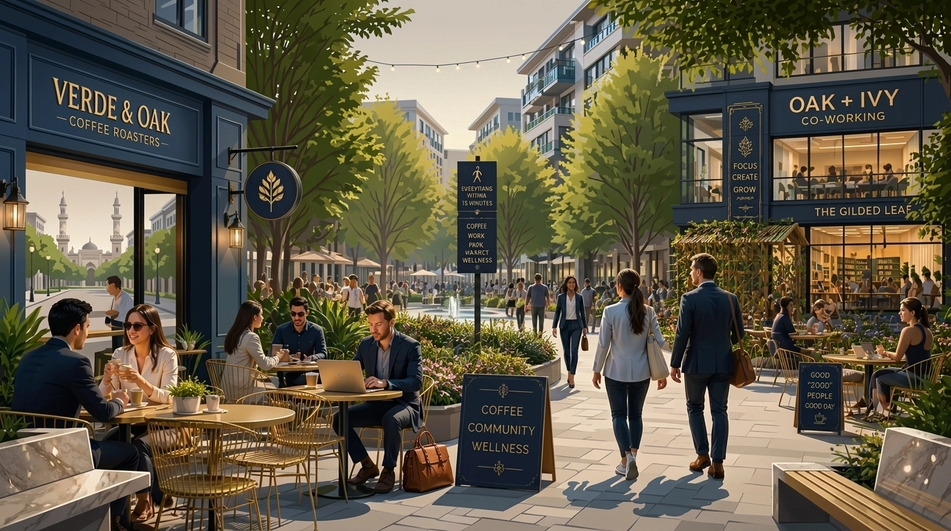 Walkable 15-minute city street with outdoor cafes and green spaces in downtown Tampa.