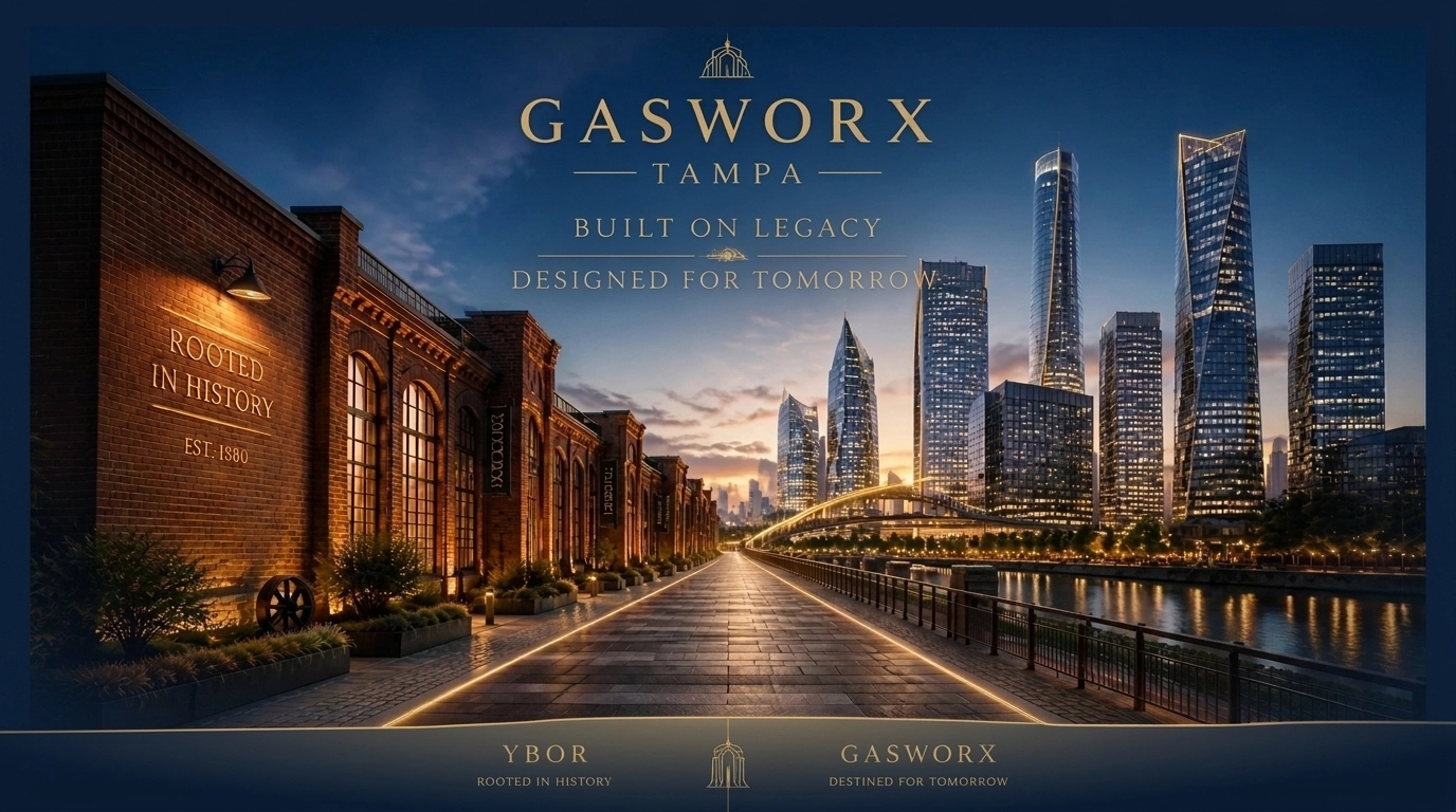Architectural transition from historic Ybor City brick buildings to the modern Gasworx skyline.