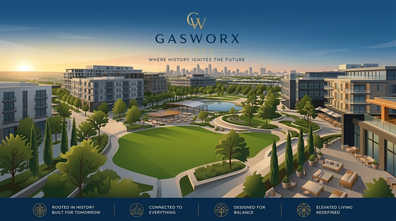 Modern urban park with walking paths and green spaces in Tampa's evolving Gasworx neighborhood.